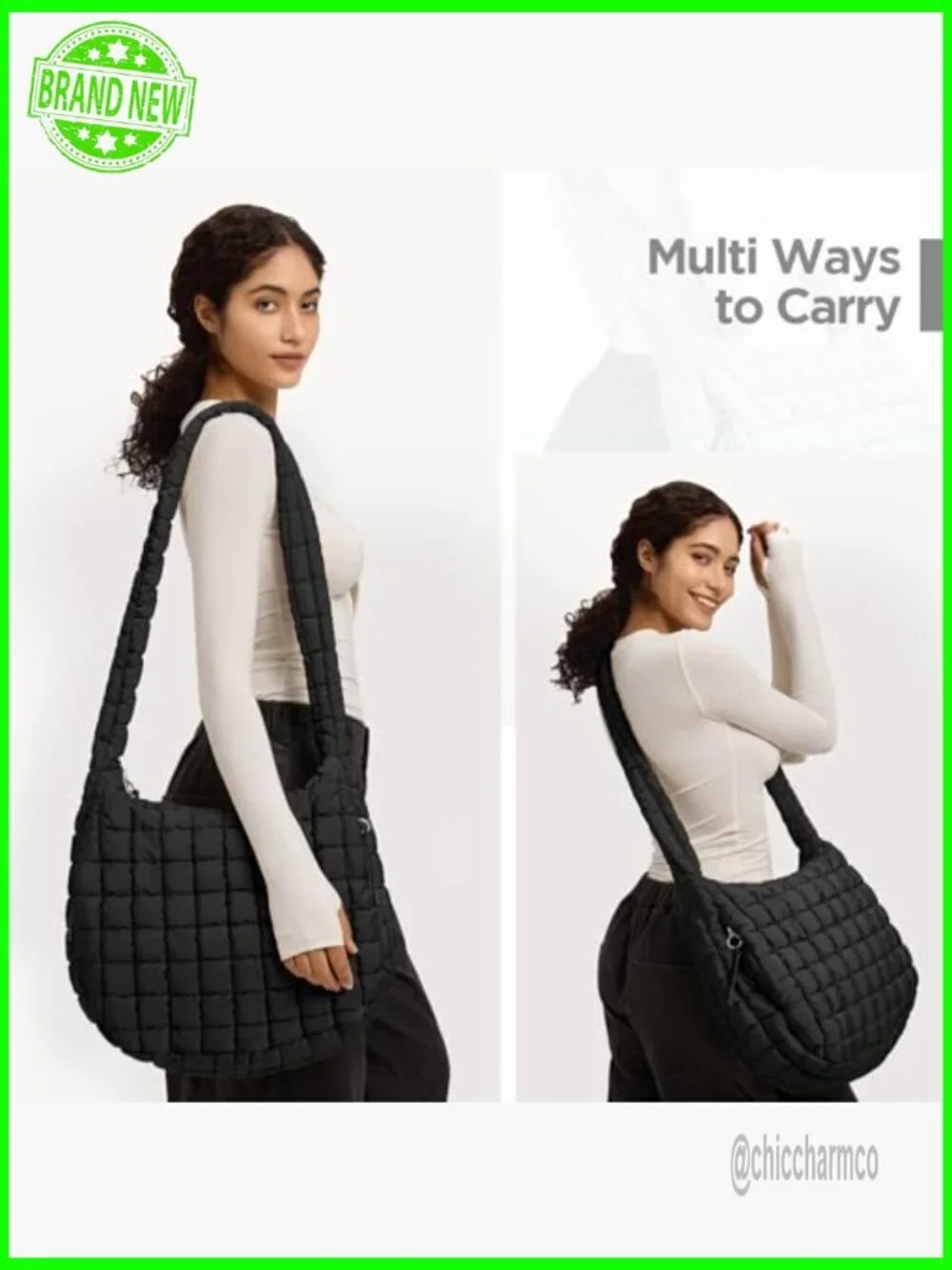 Large Quilted Puffer Tote Bag with Crossbody Strap Hobo Style